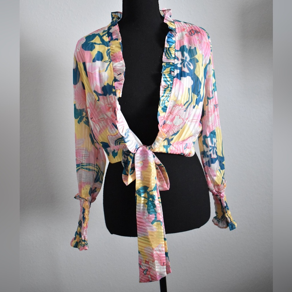 Banjul Pink and Yellow Sheer Floral Ruffle Tie-front Blouse size Small